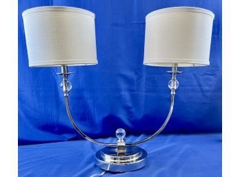 Contemporary Double Arm Chrome Lamp With Clear Glass Accents & Linen Shades