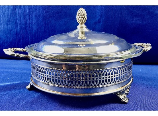 Silver Plate Covered & Footed Serving Piece With Pyrex Insert - Signed 'Sheffield Silver Co. Made In The USA'