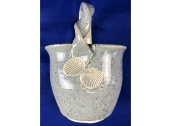 American Studio Art Pottery Basket With Scallop Shell Motif - Signed On Base