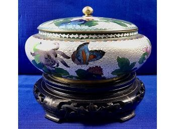 Impressive Large Chinese Cloisonne Covered Tureen On Stand - Stunning Botanical Images & Workmanship