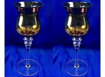 Pair Of Oversized Pedestal Glass Votives - Amber Tone Glass Goblet Shaped Votives