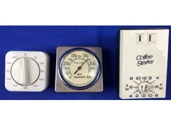 Three Vintage Gadgets - 'Germanow-Simon Tel-Tru Room Thermometer', 'Leifheit' Kitchen Timer & 'Coffee Starter'