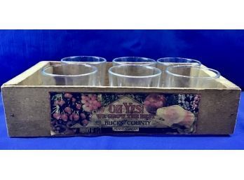Set Of Six Glasses In Vintage Wooden Serving Crate