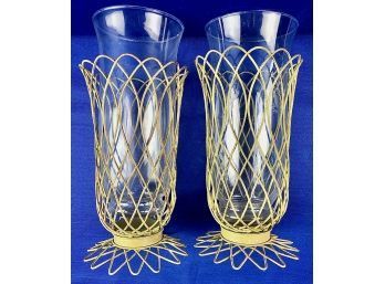 Pair Green Wire Hurricanes With Glass Inserts - Signed 'Pier 1 Imports'