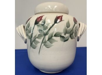 Handmade American Studio Pottery Ginger Jar With Handles & Lid - Tulip Motif - Signed On Base