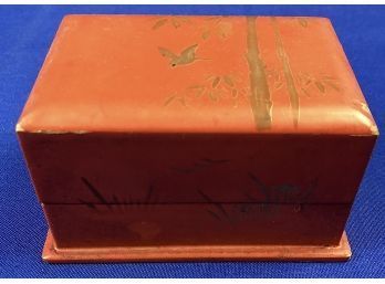Vintage Red Lacquer Hinged Box With Bird & Bamboo Motif - Signed On Base