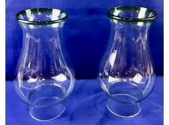 Set Of Two Large Mexican Glass Hurricane Globes - Green Glass Borders
