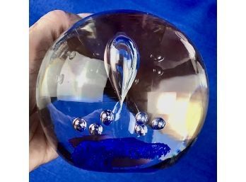 Studio Art Glass Paperweight With Blue Glass & Controlled Bubbles - Signed On Base