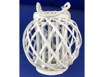 White Woven Rattan Lantern With Rope Handle & Glass Insert