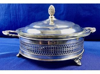 Silver Plate Covered & Footed Serving Piece With Pyrex Insert - Signed 'Sheffield Silver Co. Made In The USA'