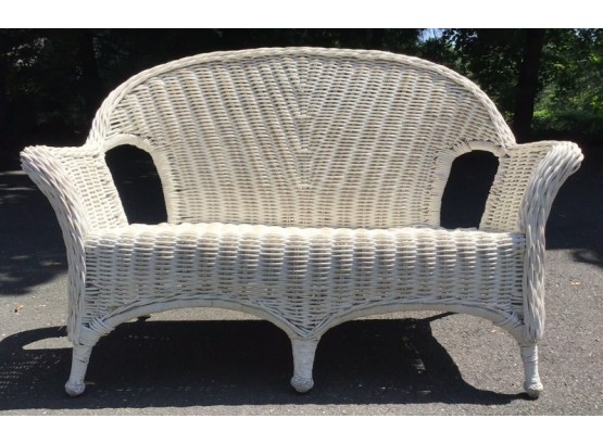 White Wicker Settee With Cushions - One Of A Pair