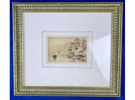 Antique Gouache Monochromatic Pastoral Scene - Beautifully Framed With French Matting & Hand-Colored Lines