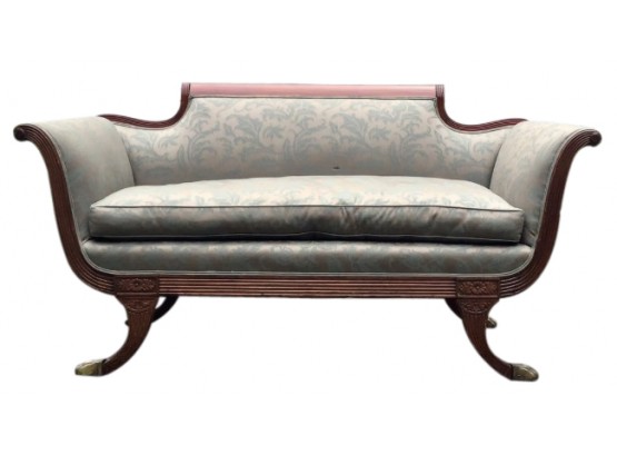 Fantastic American Empire Style Mahogany Sofa With Brass Casters, Down Cushion, & Blue Damask Fabric