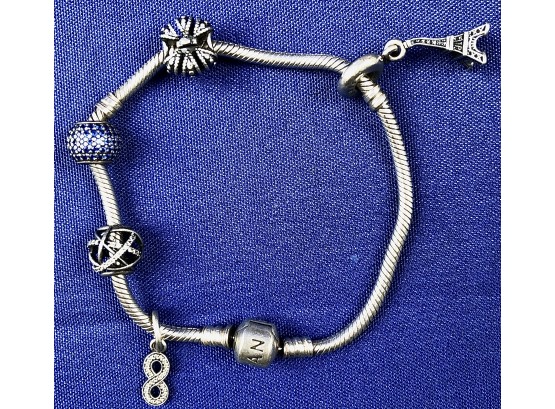 Pandora Snake Chain Bracelet With Five Charms - Royal Crown, Eiffel Tower, Number 8, Galaxy, & Sapphire Pave