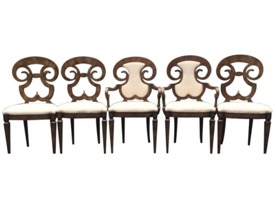 Five Vintage Burlwood Dining Room Chairs With Open Back Ram's Head Silhouette Design - Two Arm - Three Side