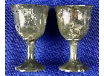 Two Finely Carved Vintage Marble Or Agate Liqueur Glasses
