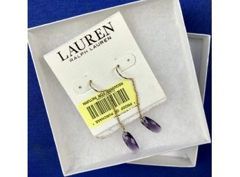 Ralph Lauren Gold Tone Drop Earrings With Purple Stones In Gift Box - Appear New & Never Worn