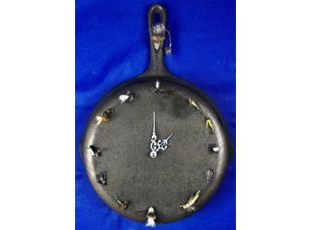Vintage Cast Iron Frying Pan Clock - Handmade Fishing Lures As Numerals