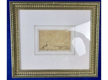 Antique Gouache Monochromatic Pastoral Scene - Beautifully Framed With French Matting & Hand-Colored Lines