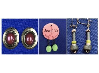 Three Pairs Of Drop Earrings: One Signed 'Jewel Ya', One Brass With Semi Precious Stone, One Beaded