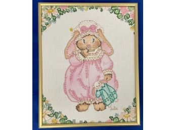 Hand Stitched Bunny Canvas & Gold Frame - Appears To Be An Original Hand Painted Canvas