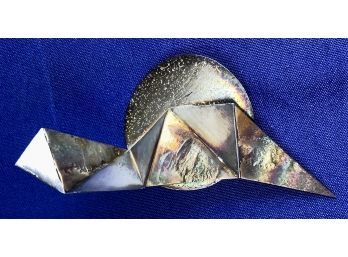 Artisan Abstract Modernist Pin  - Dimensional Folded Silvertone Metal - Resembles Folded Paper On Round Base