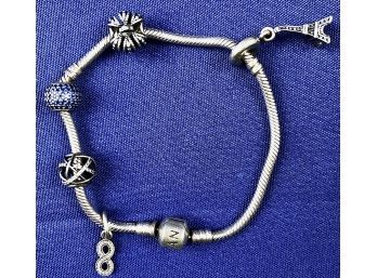 Pandora Snake Chain Bracelet With Five Charms - Royal Crown, Eiffel Tower, Number 8, Galaxy, & Sapphire Pave
