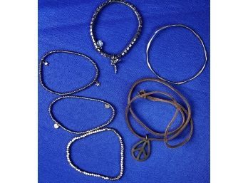 Jewelry - Five Bracelets & One Leather Strap With Peace Sign Necklace