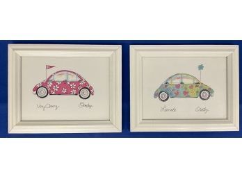 Volkswagen VW Beetle Bug - Two Art Prints By Anne Ormsby Signed, Framed, & Matted