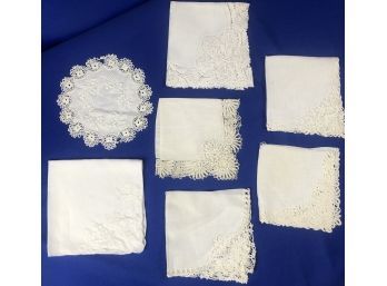 Incredible Vintage Handmade Lace Linens - Four Handkerchiefs, One Round Linen, & One Appliqued Linen