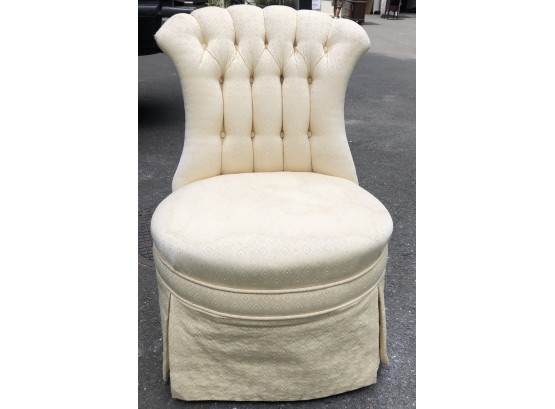 Vintage Tufted Fan Back Slipper Chair - Turned Wooden Legs & Brass Casters Under Skirted Upholstery