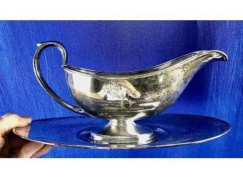 Antique Silver Plate Gravy Boat & Saucer - Signed On Base - Beautiful Old Monogram