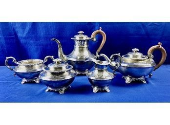 Outstanding Antique Silver Plate Coffee & TeaService - Including Coffee Pot, Tea Pot, Sugar, Creamer, & Waste
