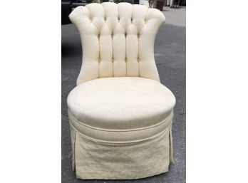 Vintage Tufted Fan Back Slipper Chair - Turned Wooden Legs & Brass Casters Under Skirted Upholstery