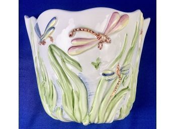 Italian Ceramic Wall Cache Pot With Dragonfly Motif - Signed 'Made In Italy'