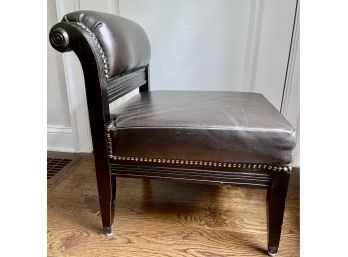 Leather Library Slipper Chair With Scroll Back Design & Brass Tacking