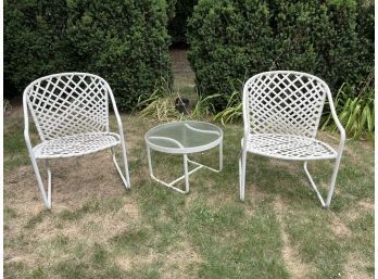Vintage Brown Jordan Woven Outdoor Chairs & Table - Each Piece Signed On Base