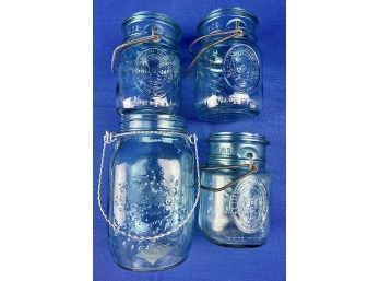 Vintage 'Ball' Green Glass Mason Jars - Three From Bicentennial Celebration & One Mason Jar Vase