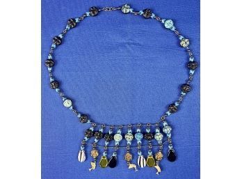 Beaded Artisan Necklace - Moon, Glass, & African Dangle Charms