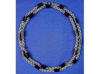 Vintage Costume Necklace - Silvertone Roping Links With Cylindrical Black Beads