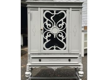 Vintage Footed Breakfront - Eclectic Beaux Arts Fretwork Detailing - Glass Door - Single Drawer - Side Storage