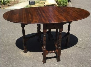 William & Mary Style Vintage Gate Leg Table - Turned Stretcher Base, Central Drawer, Spanish Feet
