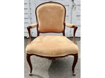 Vintage French Louis XV Style Carved Fruitwood Armchair - Cabriole Legs - Scroll Feet - Carved Floral Details