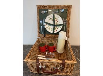 Vintage Picnic Basket - Including Plates, Flatware, Thermos, Cups, Containers - Great Old Leather Buckles