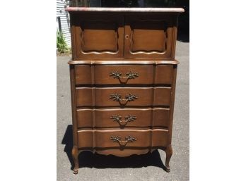 Vintage Marble Topped Chest With Four Drawers & Two-Door Cabinet Top On Raised Cabriole Legs - Brass Pulls