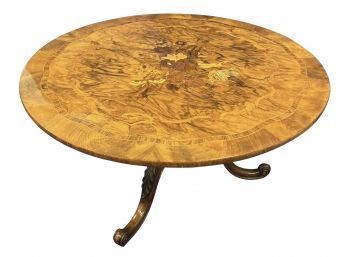 Antique Inlaid Marquetry Coffee Table - Pedestal Base - Scrolled & Carved Feet - Butterflies, Tulips, Bouquets