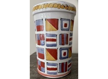 Hand Painted Pottery Wine Cooler - Signed 'Mesa International - Handcrafted In Hungary' - Nautical Flags