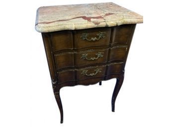 Vintage French Provincial Marble Top Three-Drawer Side Table - Graceful Curved Legs & Brass Pulls