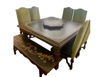 Entire Dining Set Including - Large Table With Lazy Susan, Six Matching Chairs, & Matching Bench