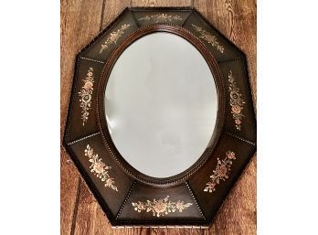 Octagonal Brown Framed Mirror- Floral Accents - Signed 'Turner Wall Accessories - Made In The USA'